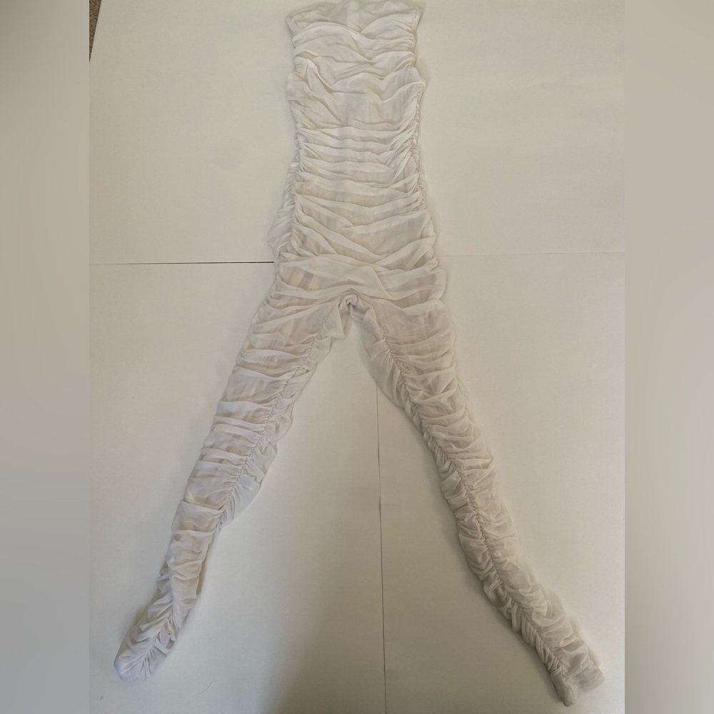 Naked Wardrobe Ivory Ruched High Neckline and Sleeveless Jumpsuit- Small